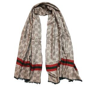 GUCCI Beige Monogram GG Logo Print w/ Green Red Stripe Cashmere Silk Shawl Scarf